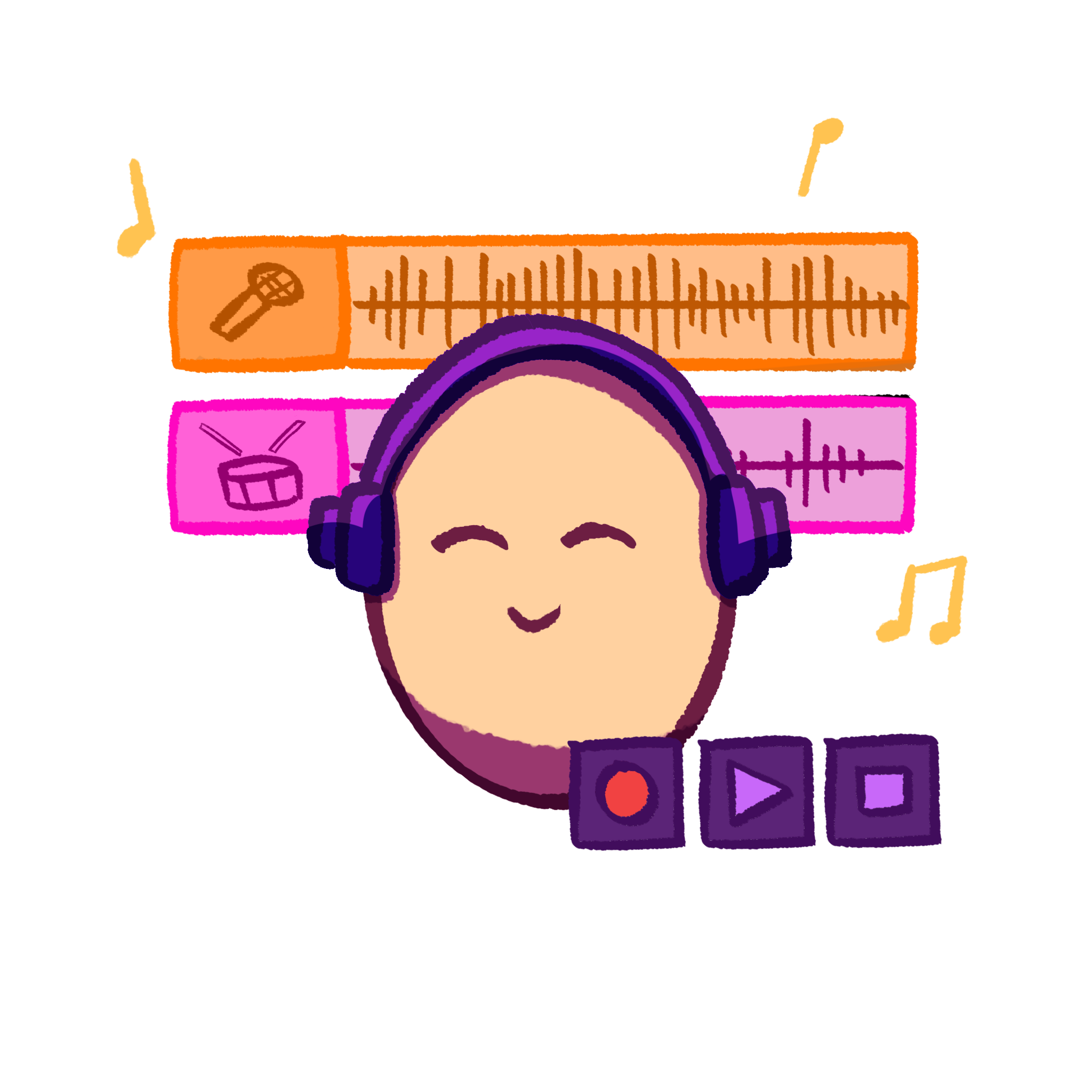 Music Egg - producer class character with headphones and audio tracks.