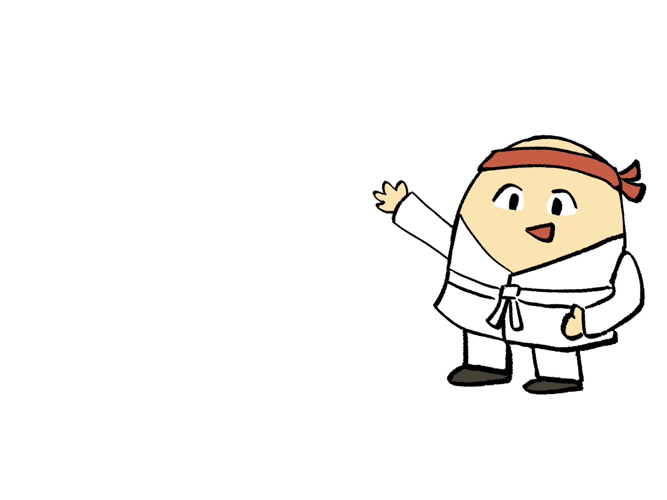 Red egg character in a karate gi waving hello.