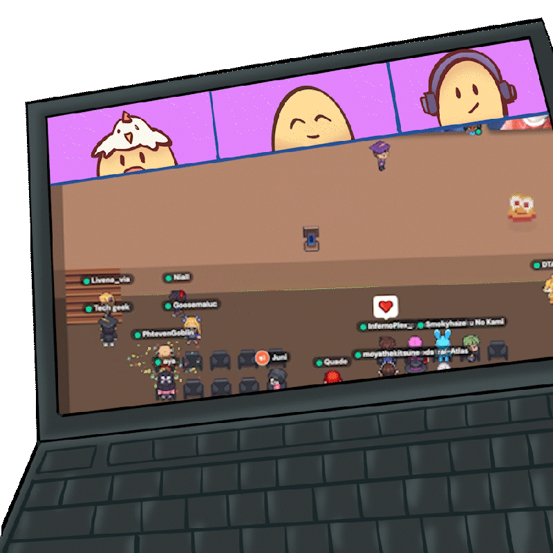 Illustration of a laptop showing Egg Academy live sessions with egg avatars in a virtual room.