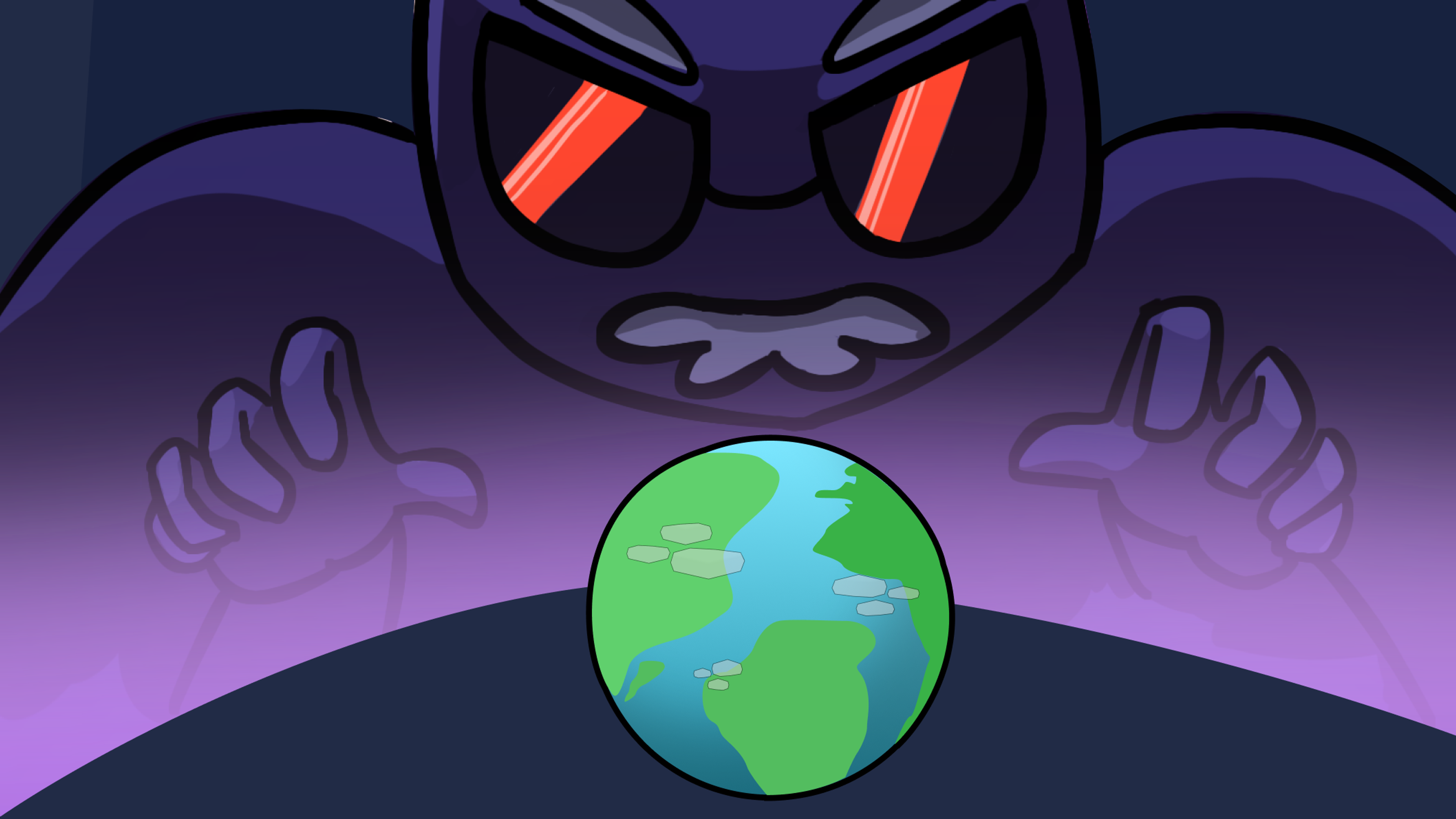 The Consumer Virus — a shadowy figure with glowing red eyes looming over Earth.