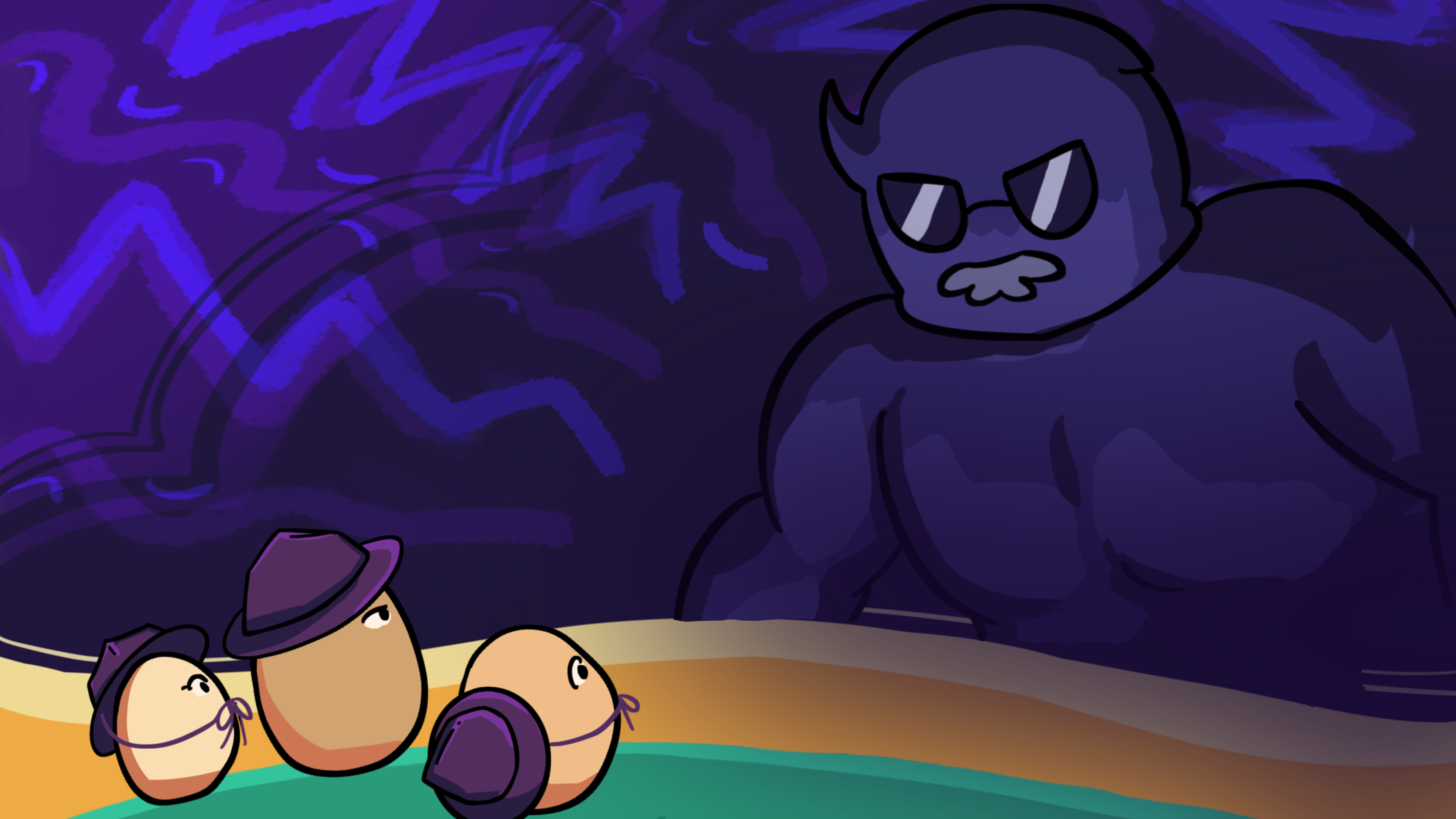 Three egg characters confronting a giant shadowy consumer virus figure against a neon purple sky.