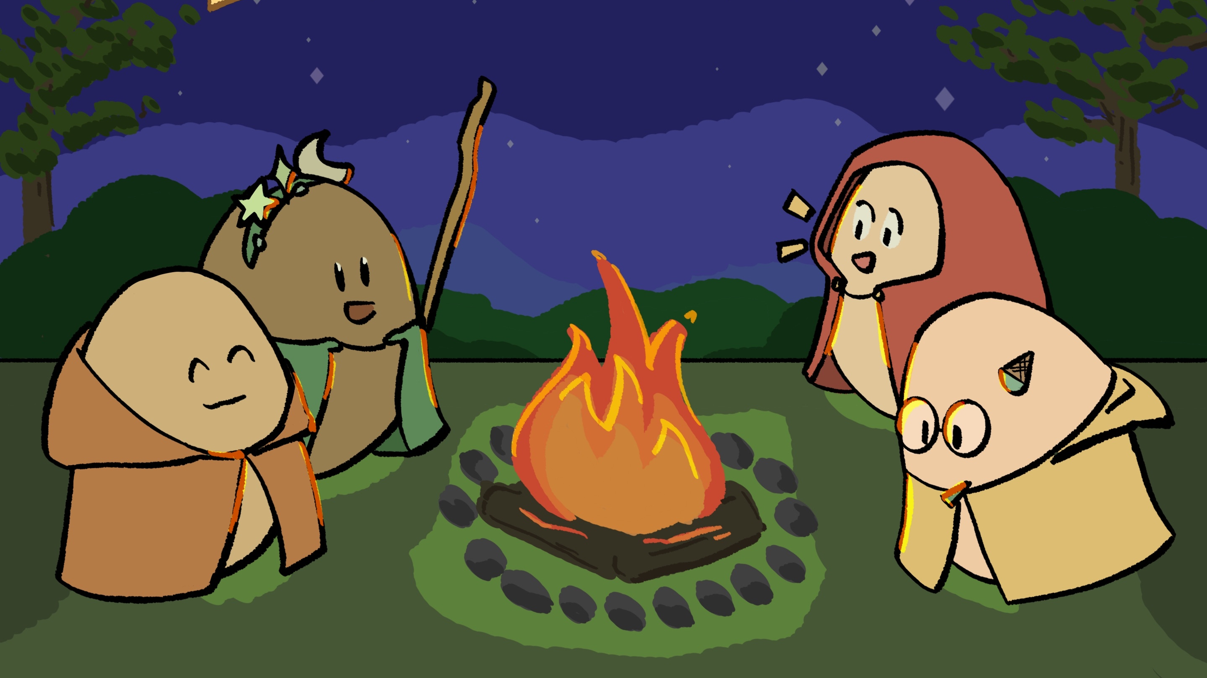 Four egg characters sitting around a campfire at night.