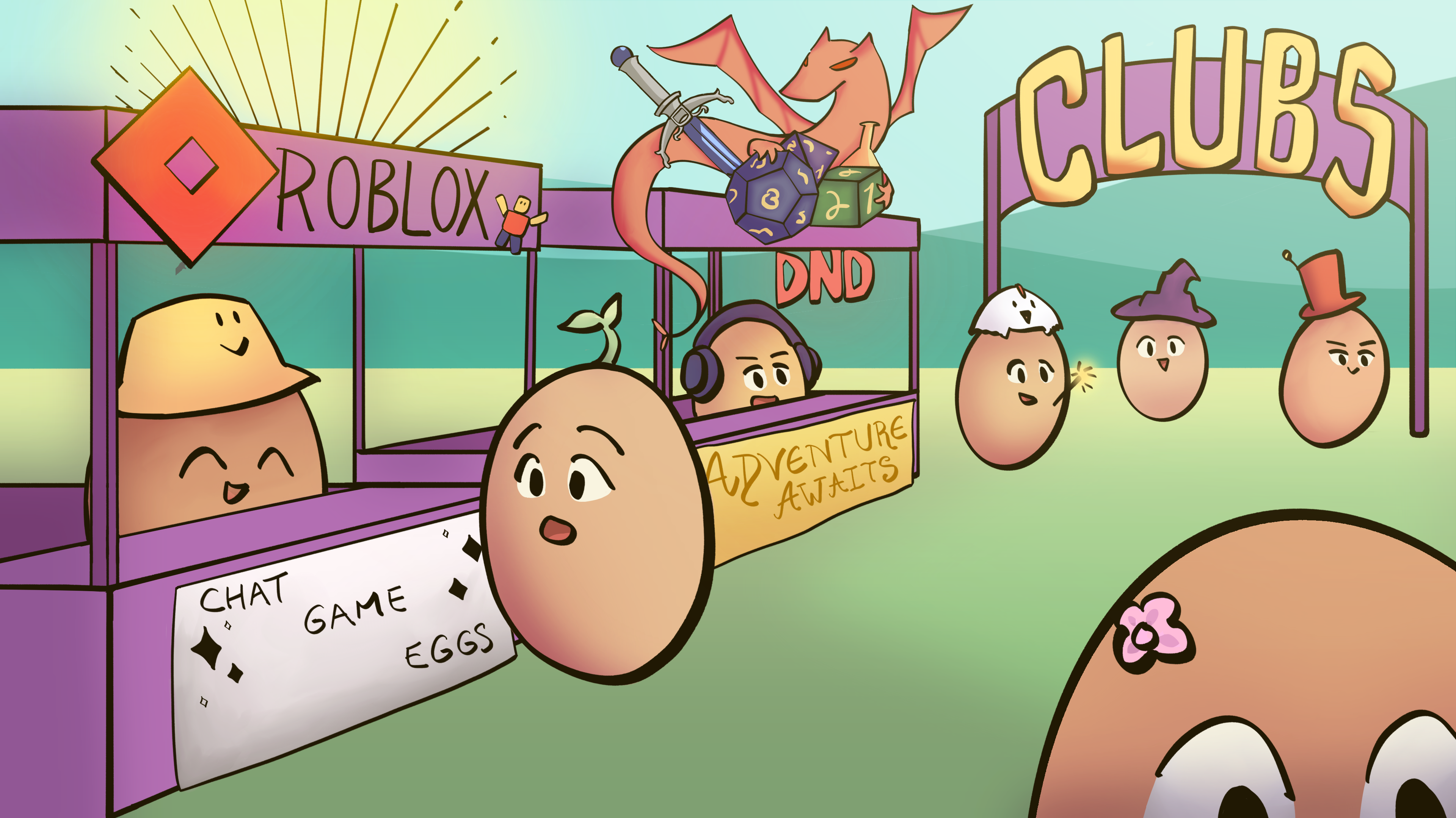 Illustration of Egg Club grounds: colourful fair stalls for Roblox, Dungeons and Dragons, and Clubs, with friendly egg characters visiting.