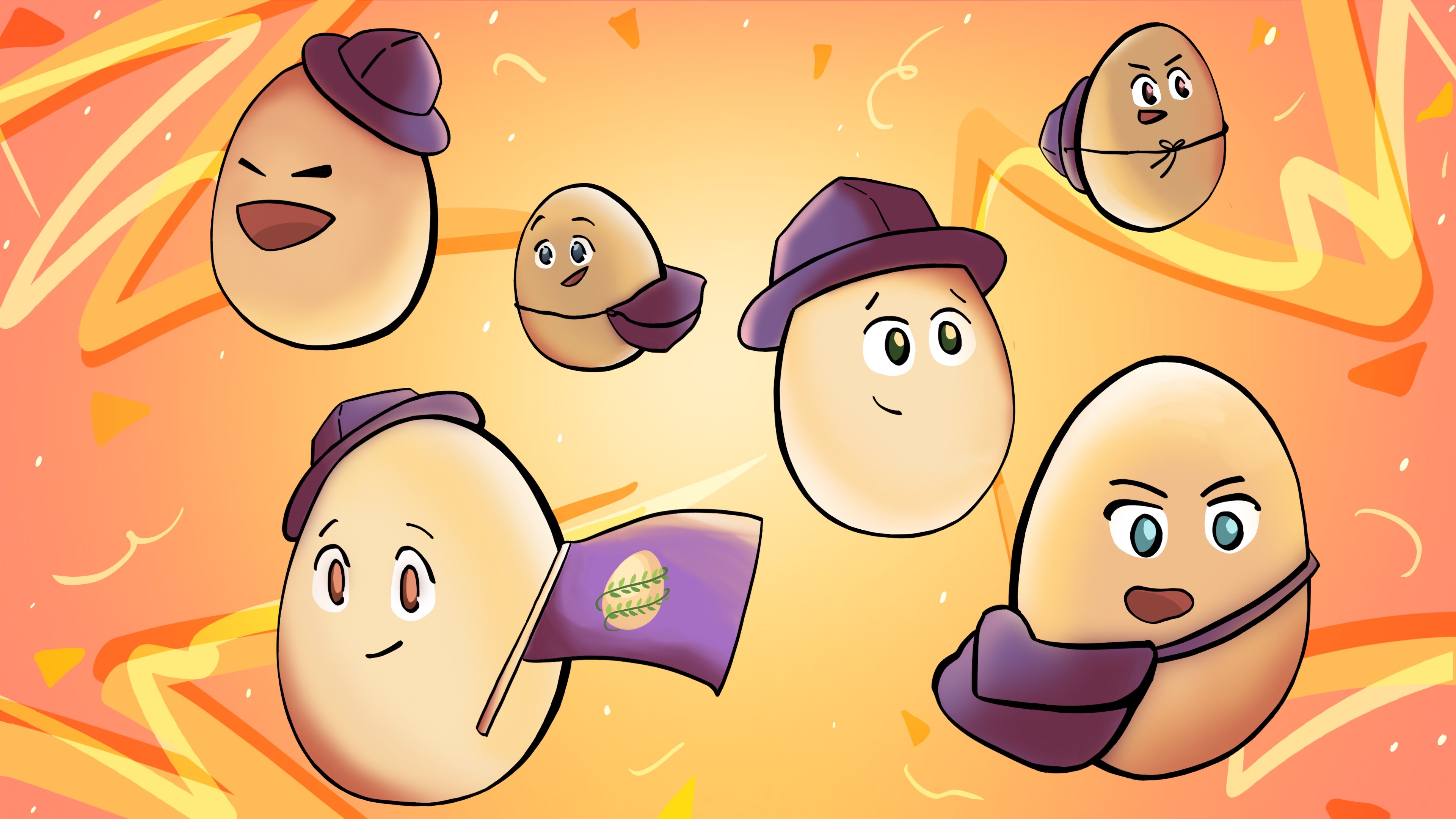 A network of egg characters with flags and backpacks, connected as a creative community.