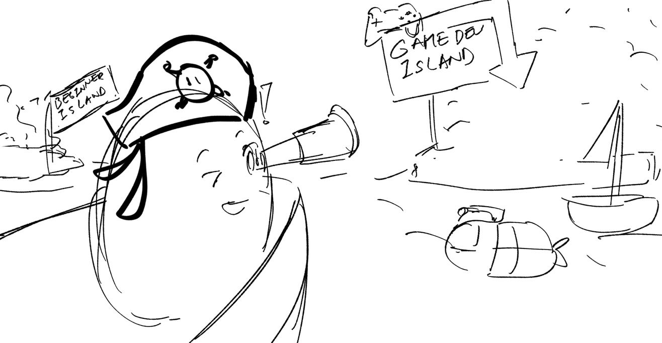 Sketch of Sensei Egg sailing from Beginner Island toward Game Dev Island and further creative challenges.
