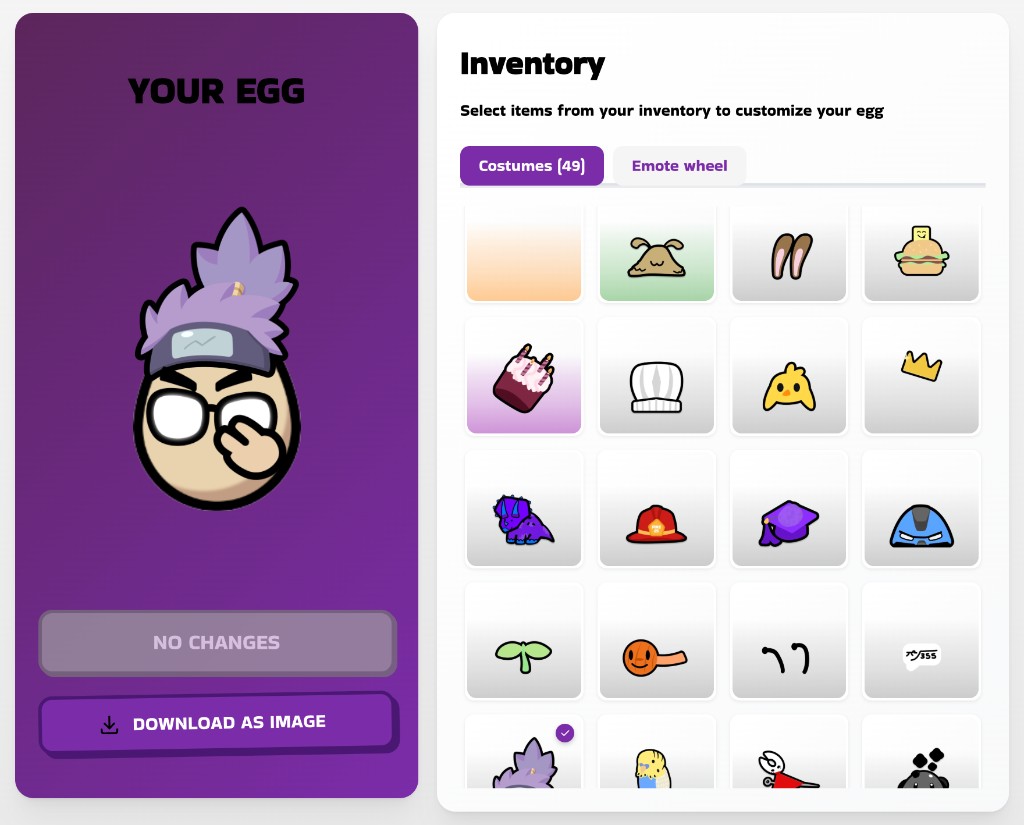 Egg Academy egg customizer: YOUR EGG preview and inventory grid with costumes.
