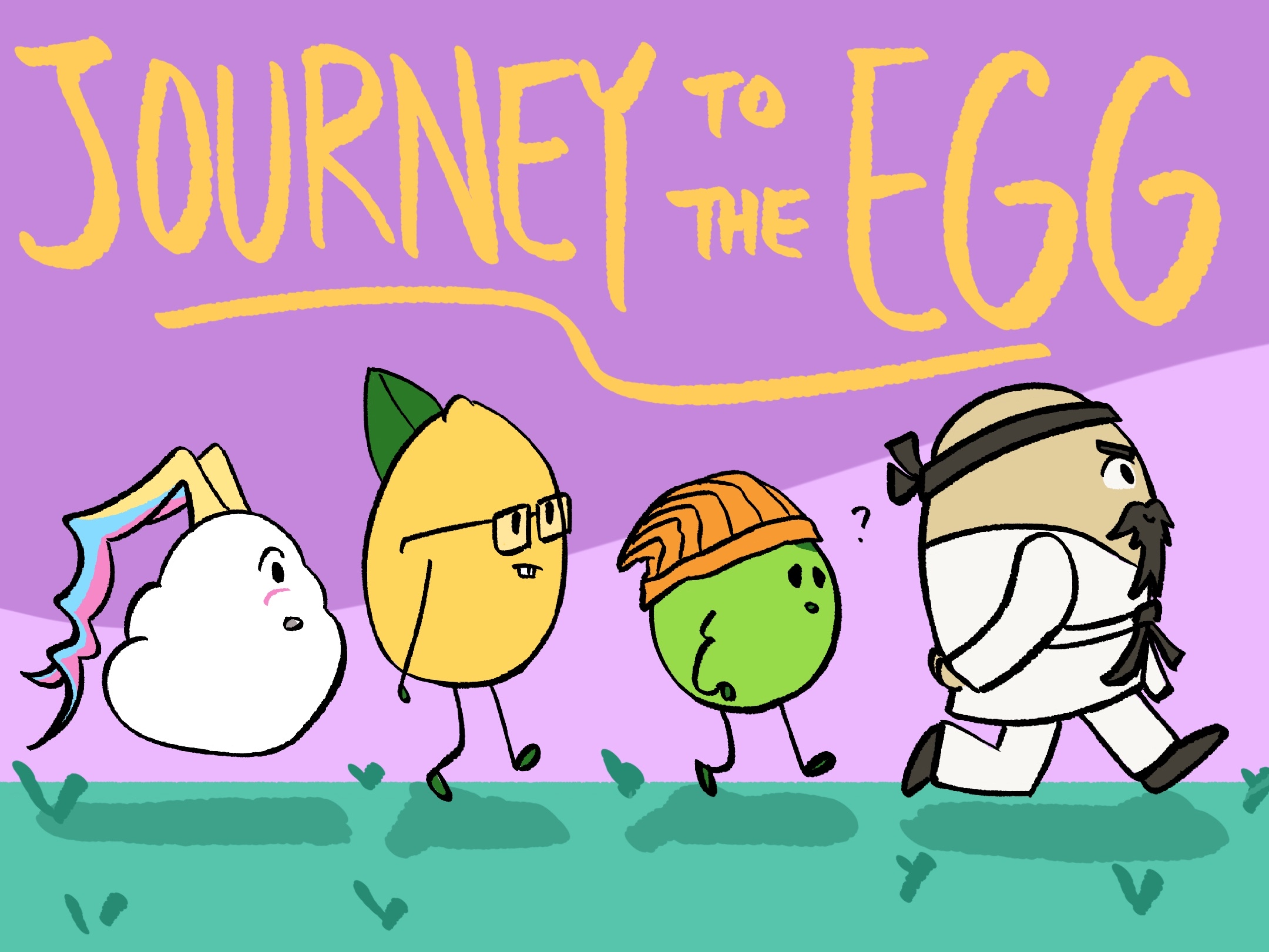 Illustration titled Journey to the Egg: four egg-shaped characters walking in a line across a green field.