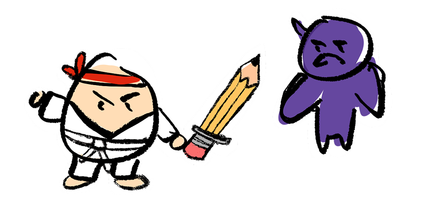 Egg Academy doodle: egg character with pencil and purple friend.