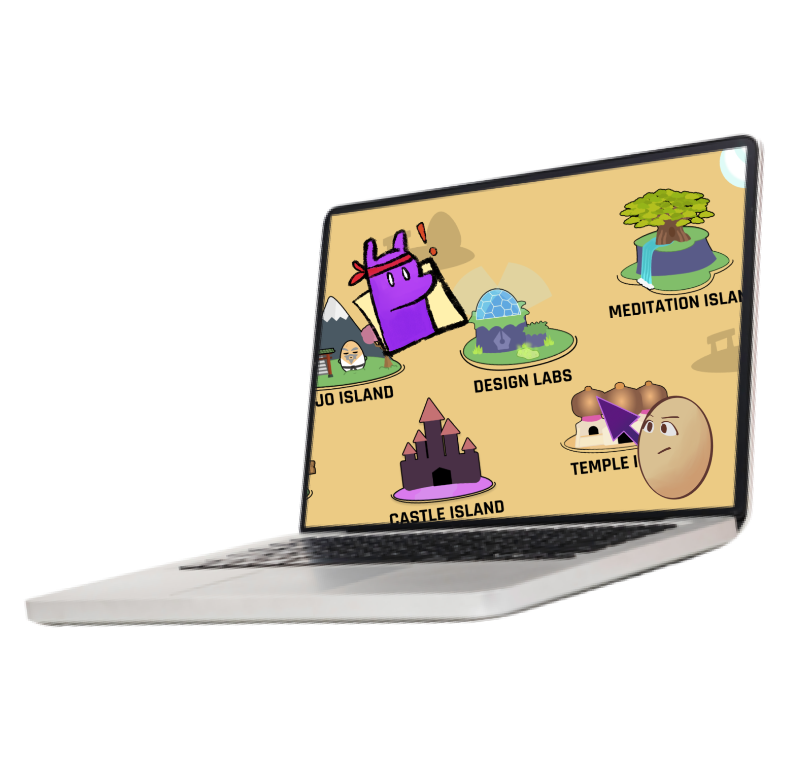 Laptop showing the Egg Academy map with islands including Design Labs, Dojo Island, and Meditation Island.