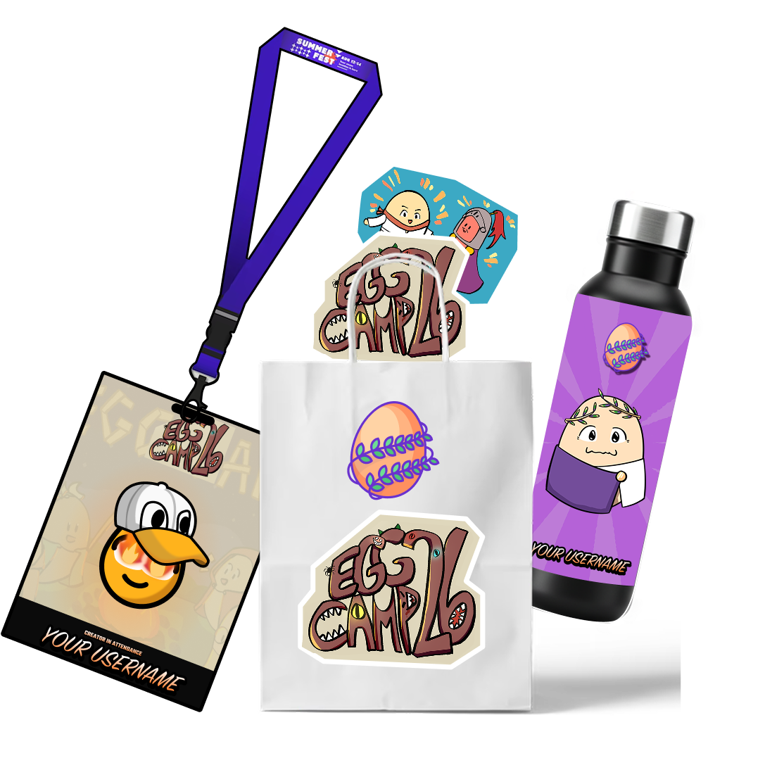 EggCamp goodie bag, personalised lanyard, username water bottle, and egg character stickers.