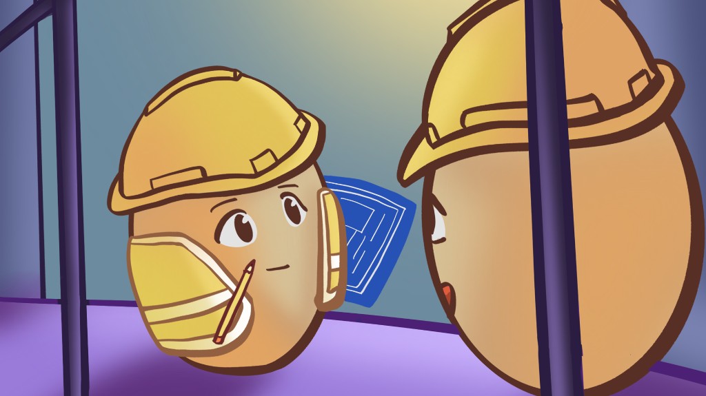 Illustration of two Egg characters in hard hats collaborating over a blueprint.