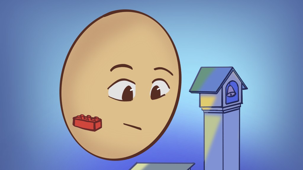 Illustration of an Egg character looking at a small tower—start creating in your own space.