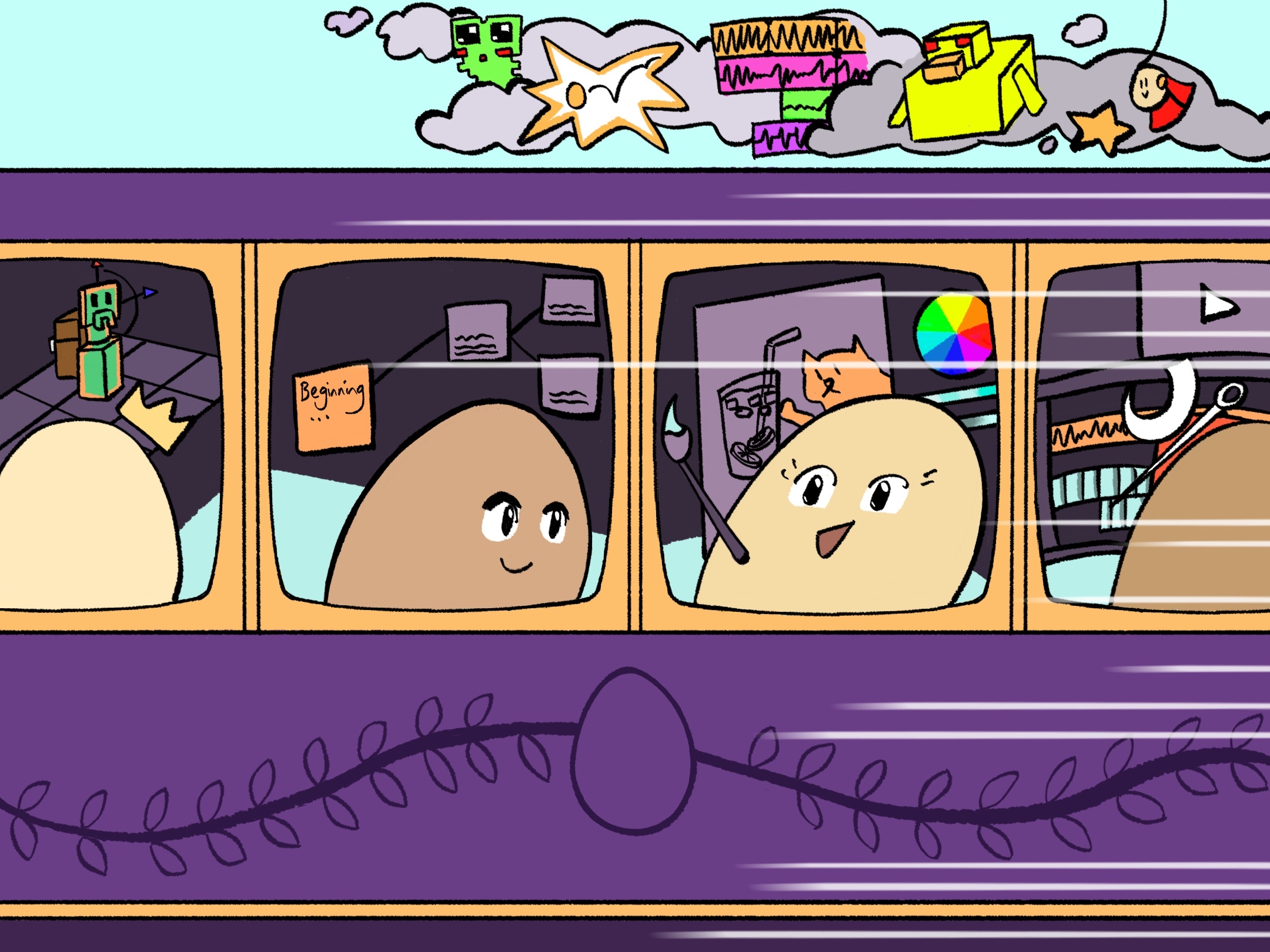 Illustration of a purple train in motion; egg characters in the windows paint, plan, and work on digital creative projects, with creative icons in the sky above.